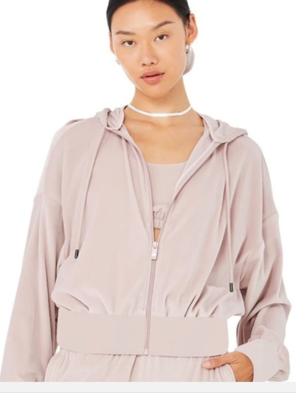 ALO Yoga Velour Glimmer Full Zip Dusty Pink Cropped S? Hoodie